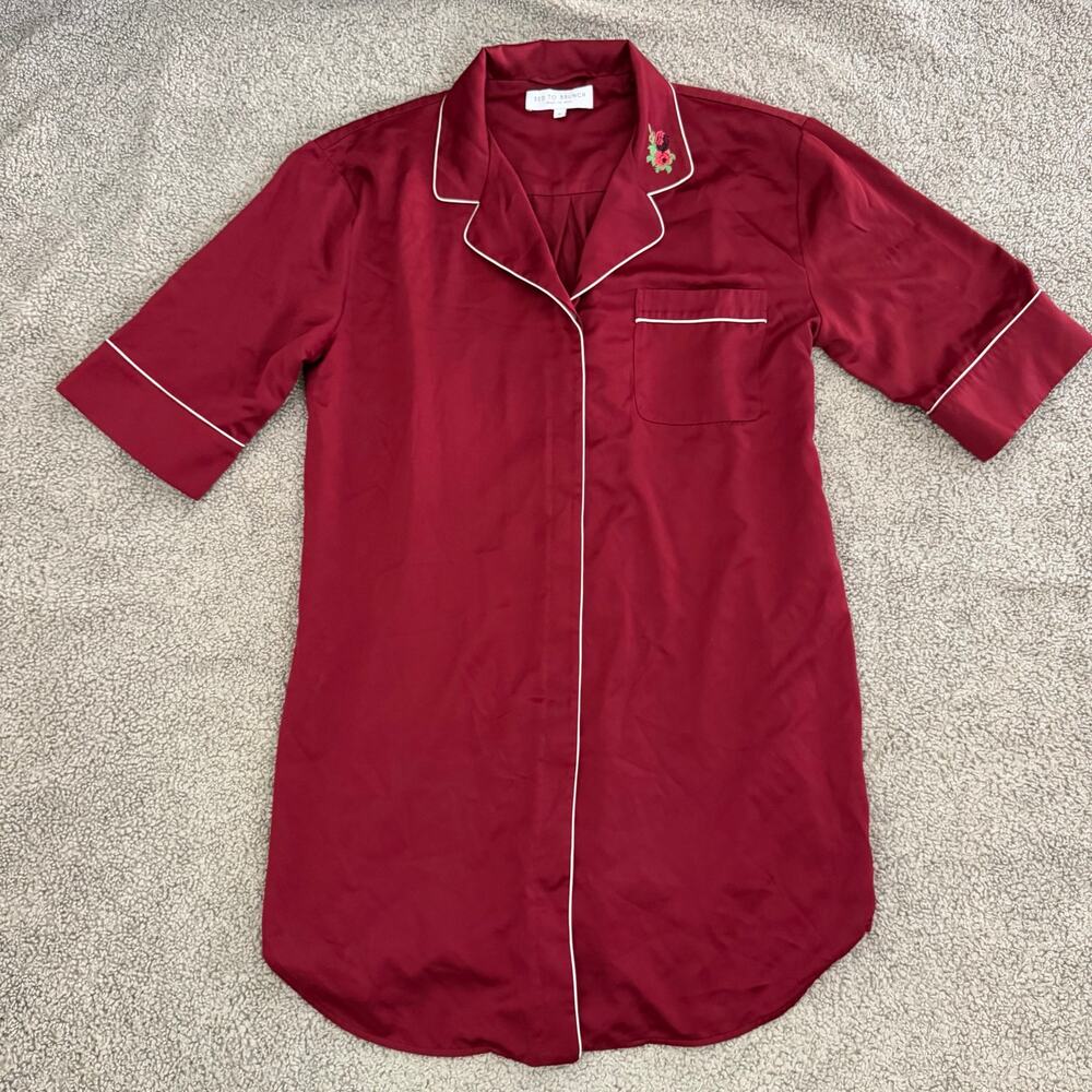 Bed to Brunch Satin Pajama Shirt Dress Red Embroidered Roses Women’s M